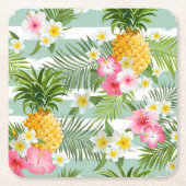 ティール(緑がかった色)の熱帯花及びパイナップルは2つを縞で飾ります スクエアペーパーコースター (正面)