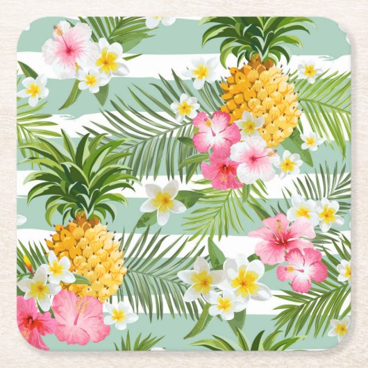 ティール（緑がかった色）の熱帯花及びパイナップルは2つを縞で飾ります スクエアペーパーコースター (正面)