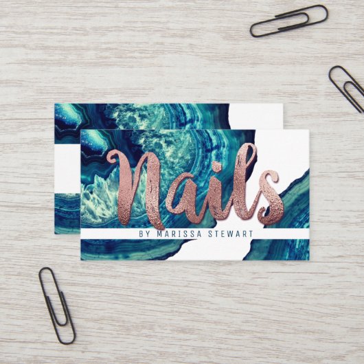 ティール(緑がかった色)の瑪瑙のGeodeの石のばら色の金ゴールドのネイリスト 名刺 (正面/裏面インサイチュ)
