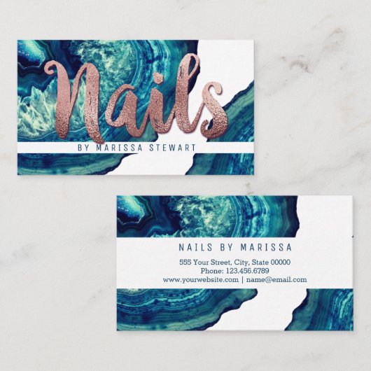 ティール(緑がかった色)の瑪瑙のGeodeの石のばら色の金ゴールドのネイリスト 名刺 (正面/裏面)