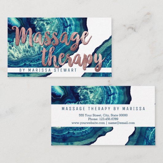 ティール(緑がかった色)の瑪瑙のGeodeの石のばら色の金ゴールドのマッサージセラピスト 名刺 (正面/裏面)