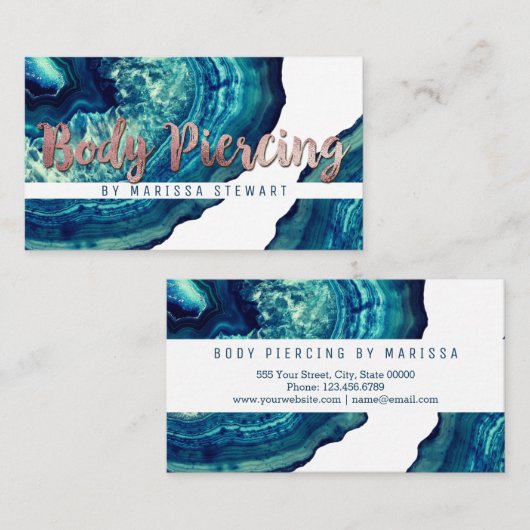 ティール（緑がかった色）の瑪瑙のGeodeの石のばら色の金ゴールドの体の穿孔 名刺 (正面/裏面)