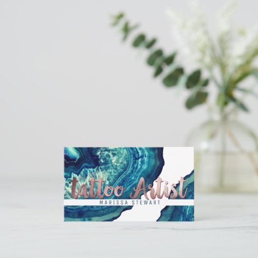 ティール(緑がかった色)の瑪瑙のGeodeの石のばら色の金ゴールドの入れ墨の芸術家 名刺 (スタンド正面)
