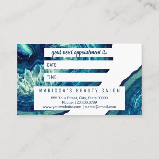 ティール(緑がかった色)の瑪瑙のGeodeの青い石のばら色の金ゴールドのアポイントメント 予約カード (裏面)