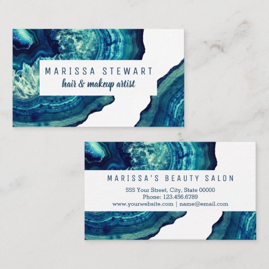 ティール（緑がかった色）の瑪瑙のGeodeの青い石のばら色の金ゴールドのタイポグラフィ 名刺 (正面/裏面)