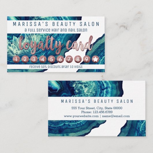 ティール(緑がかった色)の瑪瑙のGeodeの青い石のばら色の金ゴールドのロイヤリティ ロイヤリティカード (正面/裏面)