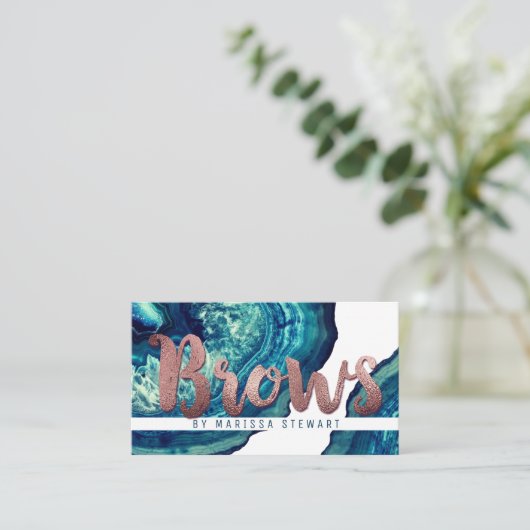 ティール(緑がかった色)の瑪瑙のGeodeの青い石のばら色の金ゴールドの額 名刺 (スタンド正面)