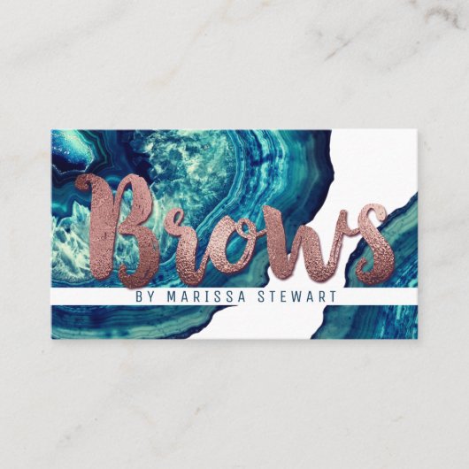 ティール(緑がかった色)の瑪瑙のGeodeの青い石のばら色の金ゴールドの額 名刺 (正面)