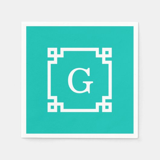 ティール(緑がかった色)の白いギリシャ人の鍵フレーム#2の最初のモノグラム スタンダードカクテルナプキン (正面)