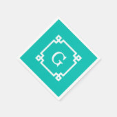 ティール(緑がかった色)の白いギリシャ人の鍵フレーム#2の最初のモノグラム スタンダードカクテルナプキン (角)