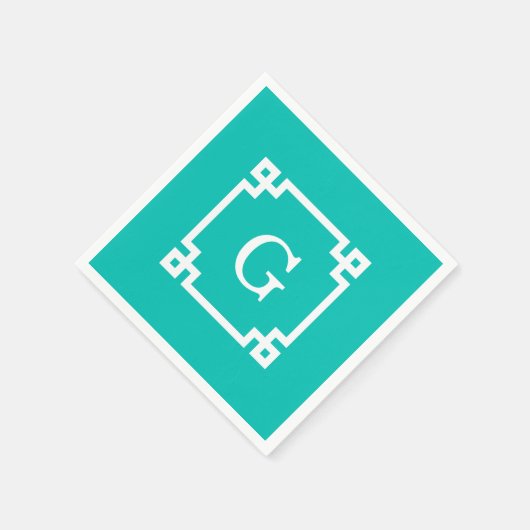 ティール（緑がかった色）の白いギリシャ人の鍵フレーム#2の最初のモノグラム スタンダードカクテルナプキン (角)