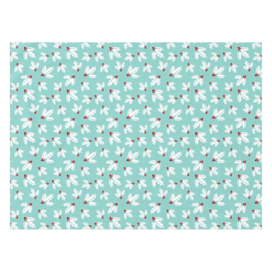 ティール（緑がかった色）の白いヒイラギの群葉の赤い果実のクリスマス テーブルクロス (正面(横))