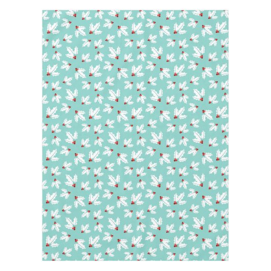 ティール（緑がかった色）の白いヒイラギの群葉の赤い果実のクリスマス テーブルクロス (正面)