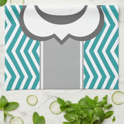 ティール(緑がかった色)の白いモノグラムの手紙Gシェブロン キッチンタオル (折り畳み)