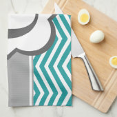 ティール(緑がかった色)の白いモノグラムの手紙Gシェブロン キッチンタオル (四つ折り)