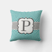 ティール(緑がかった色)の白いモノグラムの手紙Pシェブロン クッション (裏面)
