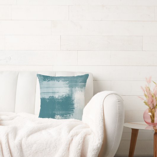 ティール(緑がかった色)の白い抽象芸術のブラシストローク クッション (ソファ)