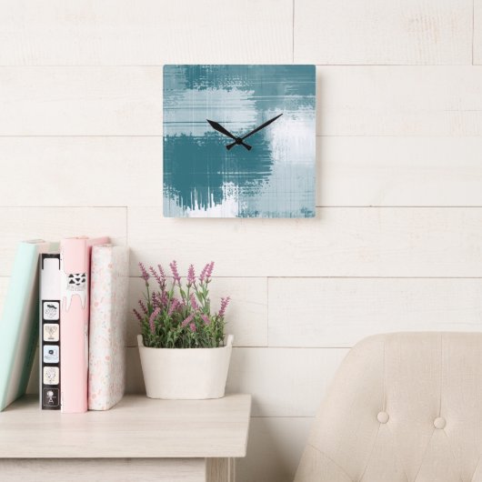 ティール(緑がかった色)の白い抽象芸術のブラシストローク スクエア壁時計 (読書スペース)