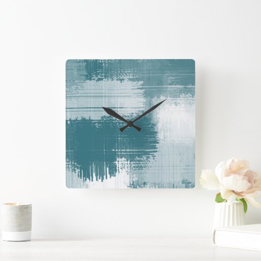 ティール（緑がかった色）の白い抽象芸術のブラシストローク スクエア壁時計 (ホーム)