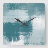 ティール(緑がかった色)の白い抽象芸術のブラシストローク スクエア壁時計 (正面)