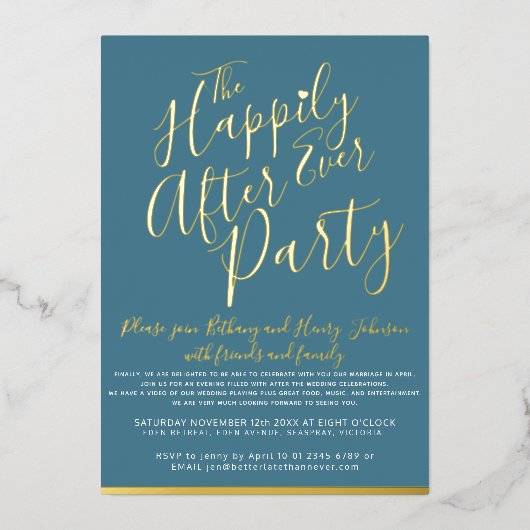 ティール(緑がかった色)の白い金ゴールドは結婚披露宴の後ずっと幸せに 箔招待状 (正面)