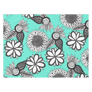 ティール（緑がかった色）の白黒のボヘミアの手描きの花 テーブルクロス