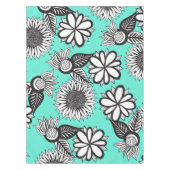 ティール(緑がかった色)の白黒のボヘミアの手描きの花 テーブルクロス (正面)