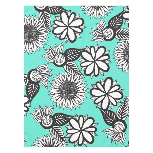 ティール(緑がかった色)の白黒のボヘミアの手描きの花 テーブルクロス (正面)