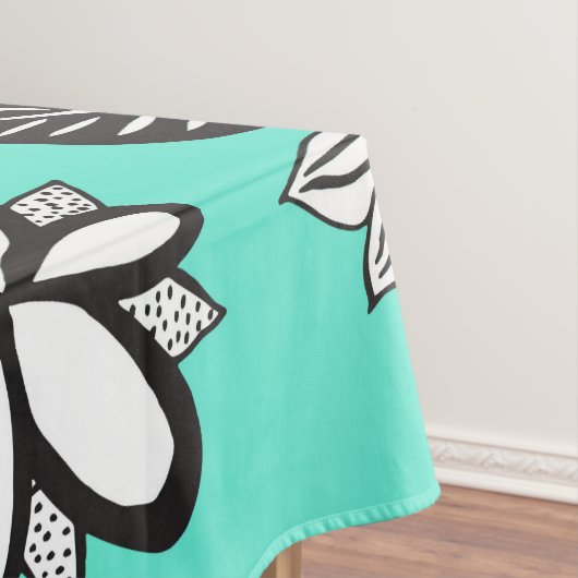 ティール(緑がかった色)の白黒のボヘミアの手描きの花 テーブルクロス (インサイチュ)