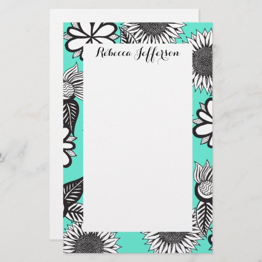 ティール(緑がかった色)の白黒のボヘミアの手描きの花 便箋 (正面/裏面)