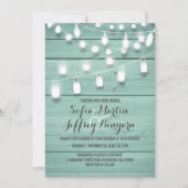 ティール（緑がかった色）の納屋木およびメーソンジャーライト結婚 招待状 (正面)