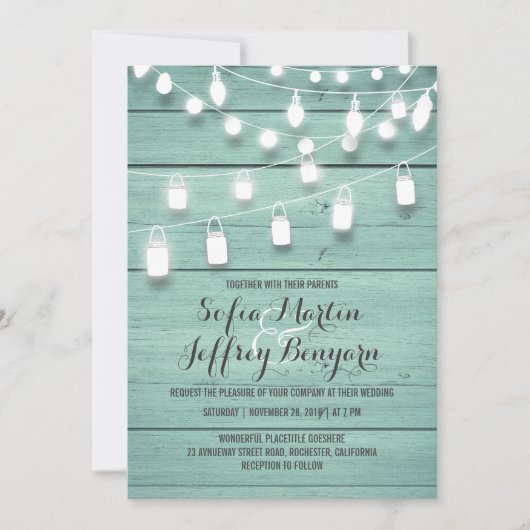 ティール（緑がかった色）の納屋木およびメーソンジャーライト結婚 招待状 (正面)