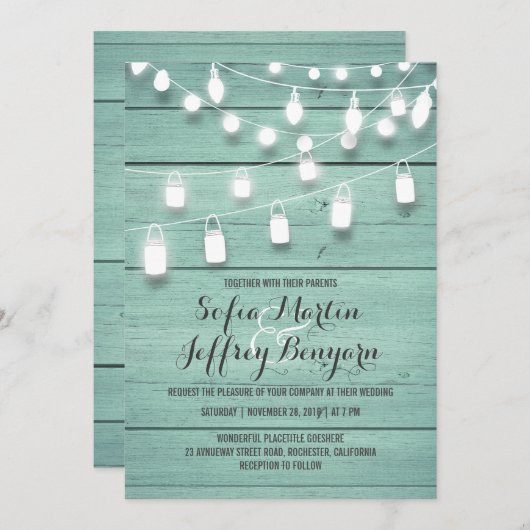 ティール(緑がかった色)の納屋木およびメーソンジャーライト結婚 招待状 (正面/裏面)