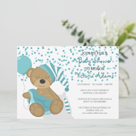 ティール(緑がかった色)の紙吹雪のベビーくまのシャワー 招待状 (スタンド正面)