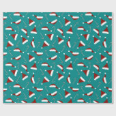 ティール（緑がかった色）の紫系統のサンタの帽子のキャンディ・ケーンの包装紙 ラッピングペーパー (フラット)