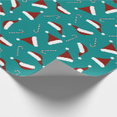 ティール（緑がかった色）の紫系統のサンタの帽子のキャンディ・ケーンの包装紙 ラッピングペーパー (角)