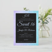 ティール(緑がかった色)の紫色のグリッターの菓子16の誕生日のモノグラム 招待状 (スタンド正面)