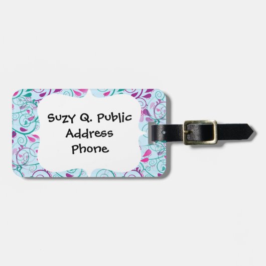 ティール(緑がかった色)の紫色のピンクの花の華麗さは青で渦巻きます ラゲッジタグ (正面横)