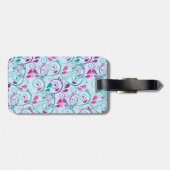 ティール(緑がかった色)の紫色のピンクの花の華麗さは青で渦巻きます ラゲッジタグ (裏面横)