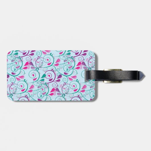 ティール（緑がかった色）の紫色のピンクの花の華麗さは青で渦巻きます ラゲッジタグ (裏面横)
