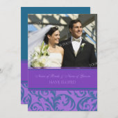ティール(緑がかった色)の紫色の写真の駆け落ちの発表カード 案内状 (正面/裏面)