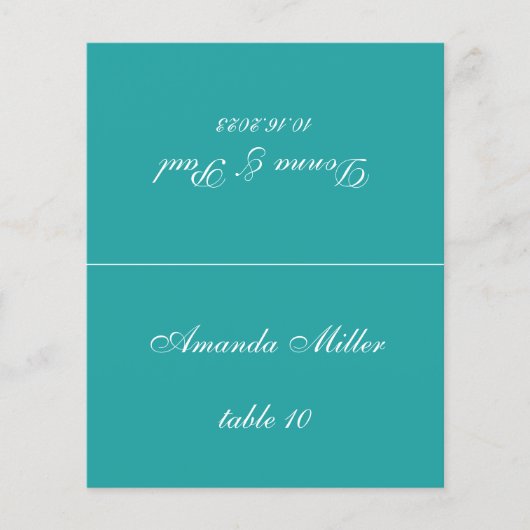 ティール（緑がかった色）の結婚座席表印刷されたゲスト名スクリプト (正面)
