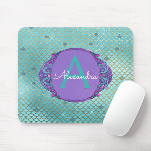 ティール(緑がかった色)の緑および紫色の人魚によってはかりで測られるモノグラムの マウスパッド (マウス)