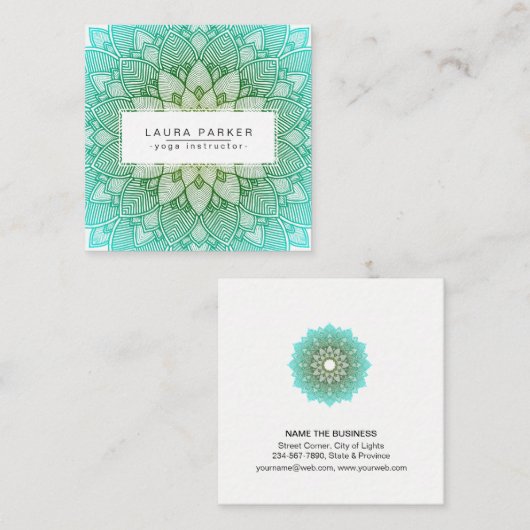 ティール（緑がかった色）の緑のはす曼荼羅のヨガの黙想のホリスティック スクエア名刺 (正面/裏面)