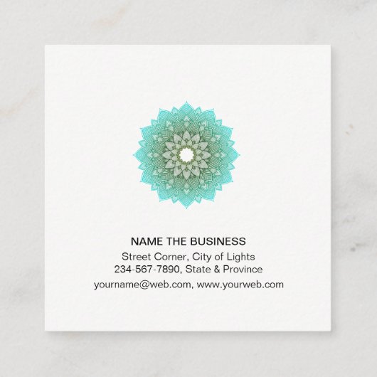 ティール（緑がかった色）の緑のはす曼荼羅のヨガの黙想のホリスティック スクエア名刺 (裏面)