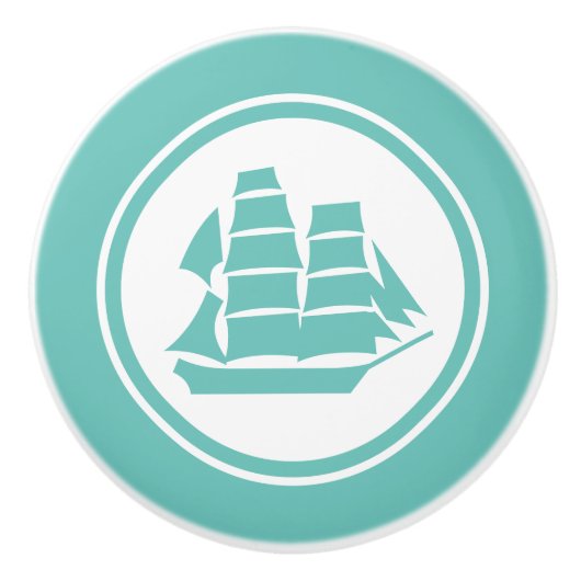 ティール（緑がかった色）の緑の海賊船のブリッグの航海のな陶磁器のノブ セラミックノブ (正面)