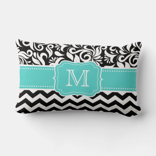 ティール(緑がかった色)の緑の白黒のシェブロンのダマスク織のモノグラム ランバークッション (裏面)