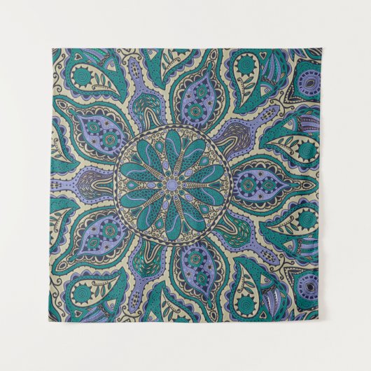 ティール（緑がかった色）の緑の紫色の金ゴールドのインドのタペストリーの曼荼羅 タペストリー (正面(横))