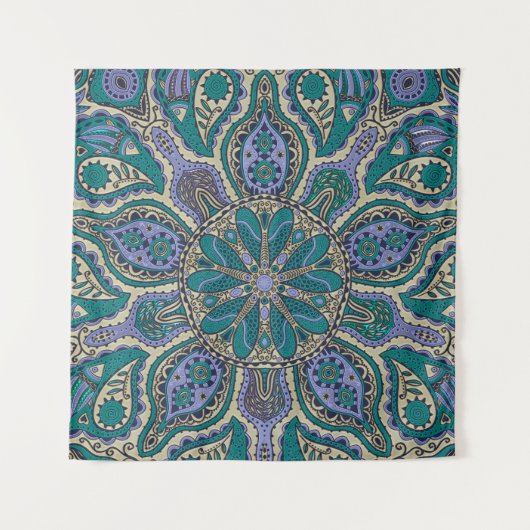 ティール(緑がかった色)の緑の紫色の金ゴールドのインドのタペストリーの曼荼羅 タペストリー (正面)