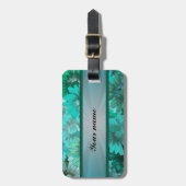 ティール（緑がかった色）の緑の花パターン ラゲッジタグ (正面縦)